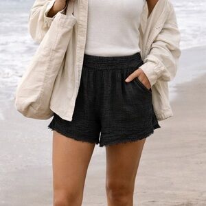 Pact Daily Practice Gauze Shorts L Black Organic Cotton Beach Lounge Distressed